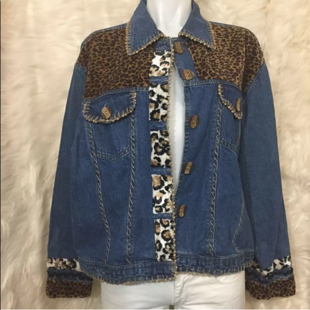 New Direction Womens Denim Jacket Blue Leopard L